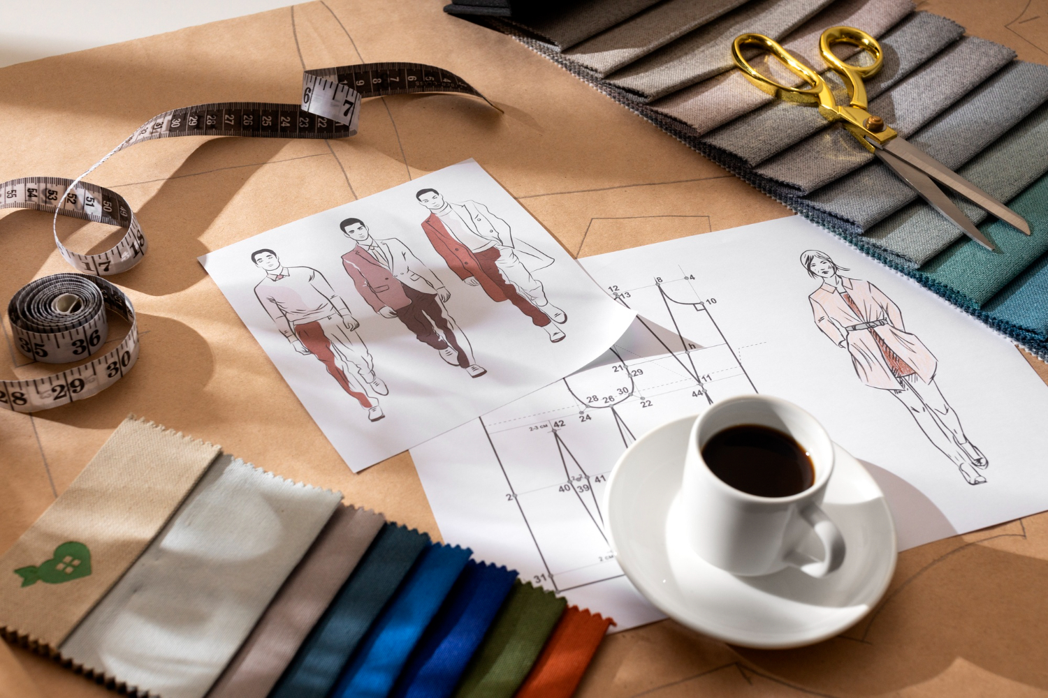 fashion sketches with cup of coffee